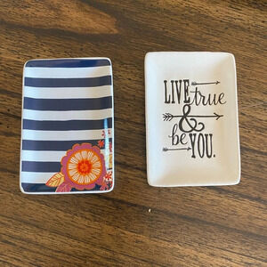 Bundle of 2 Thirty-One Trinket Trays - Ceramic Striped Floral and Quote